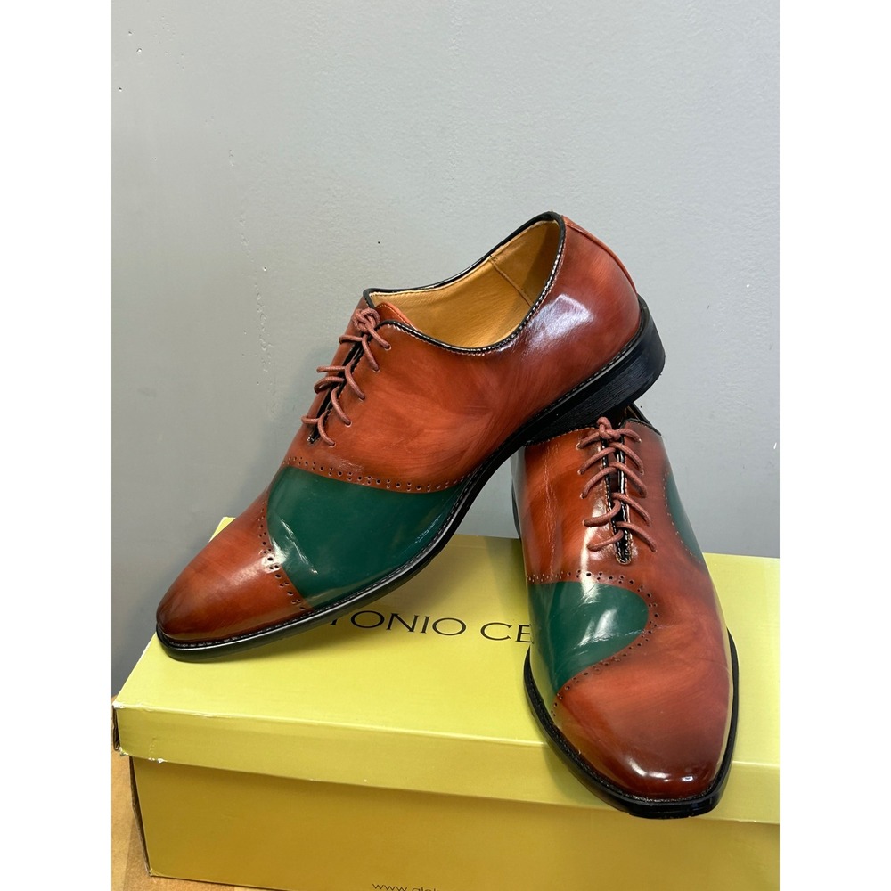 Antonio Cerrelli Dress Shoes Mens 11 Brown Green Oxford Two-Tone Brogue Lace‎